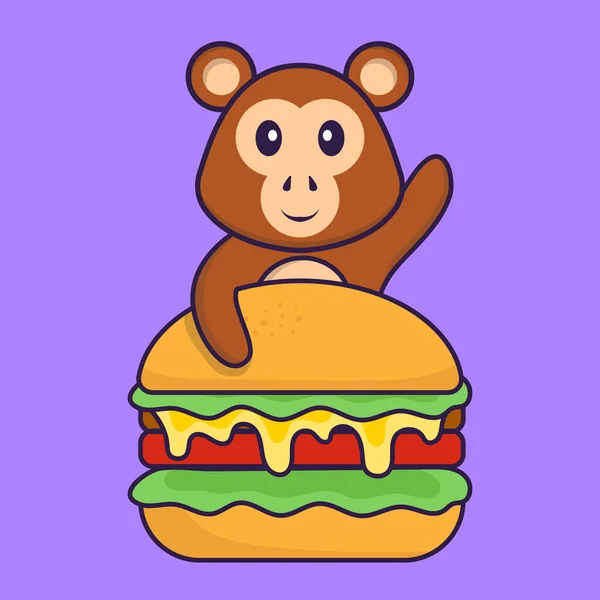 Cute Monkey Eating Burger Animal Cartoon Concept Isolated Can Used — Stock Vector