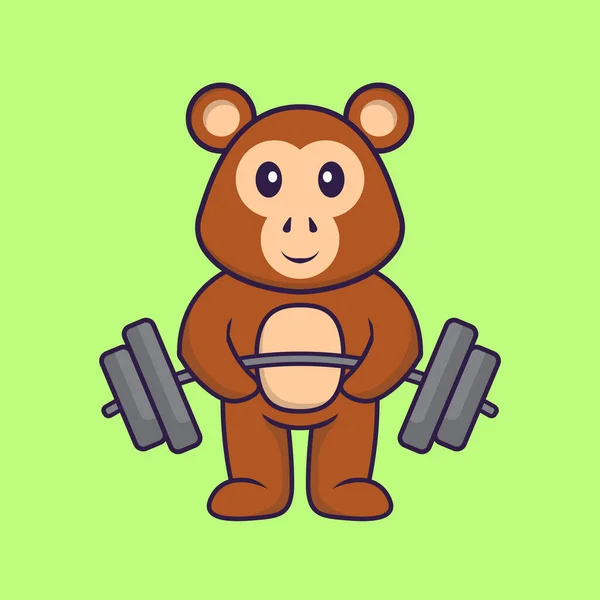 可爱的猴子举起了杠铃 动物漫画的概念是孤立的 可用于T恤衫 请柬或吉祥物 — 图库矢量图片