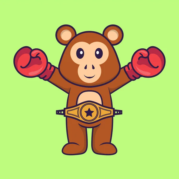 Singe Mignon Costume Boxeur Avec Ceinture Championne Concept Dessin Animé — Image vectorielle