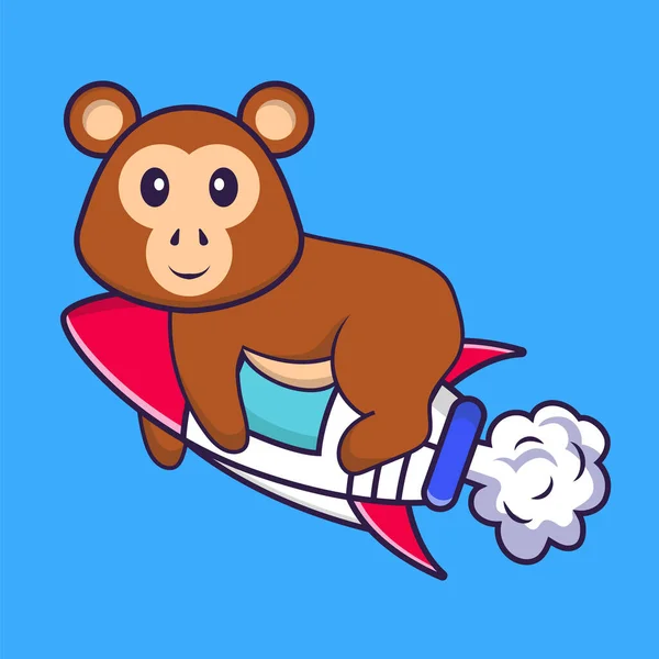 ロケットで飛ぶかわいい猿 動物の漫画の概念は孤立した Tシャツ グリーティングカード 招待カード マスコットに使用できます — ストックベクタ