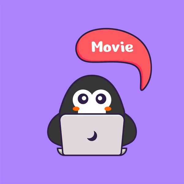 かわいいペンギンが映画を見ている 動物の漫画の概念は孤立した Tシャツ グリーティングカード 招待カード マスコットに使用できます — ストックベクタ