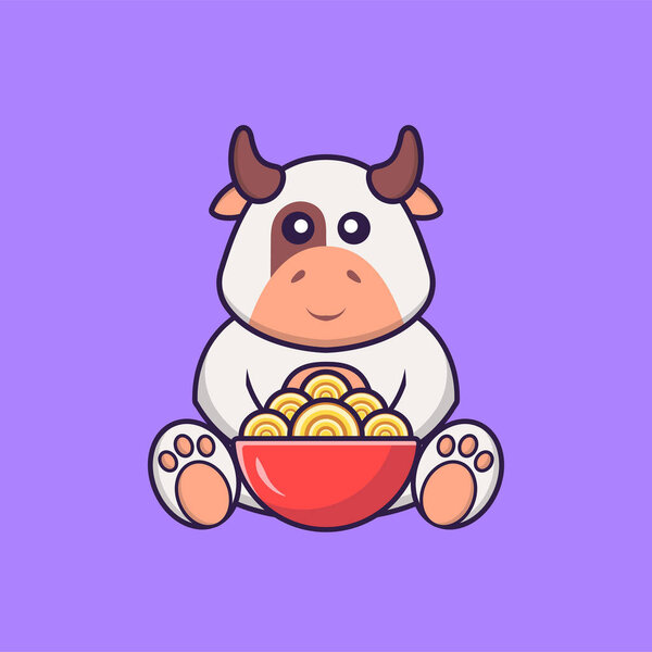 Симпатичная корова, поедающая лапшу. Анимальная концепция мультфильма изолирована. Может использоваться для футболки, поздравительной открытки, пригласительного билета или талисмана.