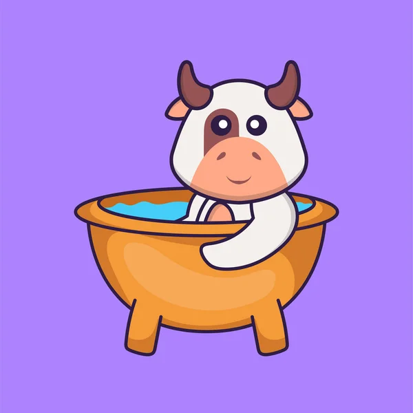 Jolie Vache Prenant Bain Dans Baignoire Concept Dessin Animé Animal — Image vectorielle