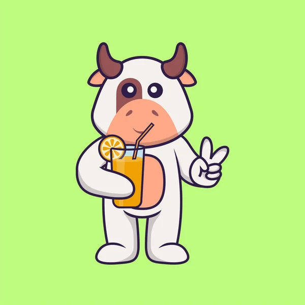 Niedliche Kuh Mit Orangensaft Glas Animal Cartoon Konzept Isoliert Kann — Stockvektor