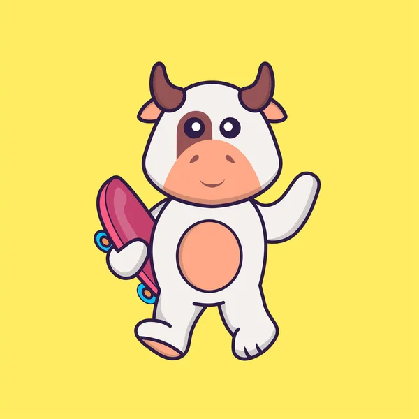 Mignonne Vache Tenant Skateboard Concept Dessin Animé Animal Isolé Peut — Image vectorielle