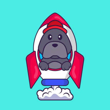 Roketin üstünde uçan sevimli bir köpek. Hayvan çizgi film kavramı izole edildi. Tişört, tebrik kartı, davetiye kartı ya da maskot olarak kullanılabilir..