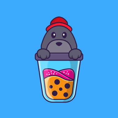 Şirin köpek Boba sütlü çay içiyor. Hayvan çizgi film kavramı izole edildi. Tişört, tebrik kartı, davetiye kartı ya da maskot olarak kullanılabilir..