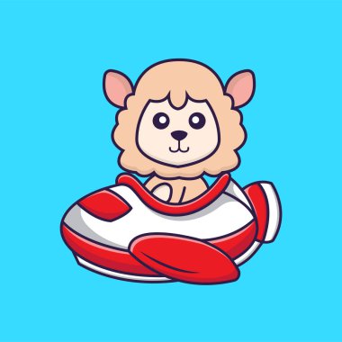 Uçakta uçan sevimli koyunlar. Hayvan çizgi film kavramı izole edildi. Tişört, tebrik kartı, davetiye kartı ya da maskot olarak kullanılabilir..