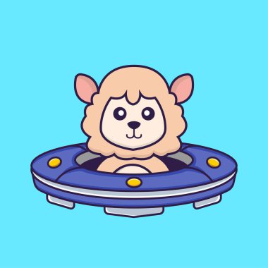 Uzay gemisi Ufo 'yu süren sevimli koyun. Hayvan çizgi film kavramı izole edildi. Tişört, tebrik kartı, davetiye kartı ya da maskot olarak kullanılabilir..