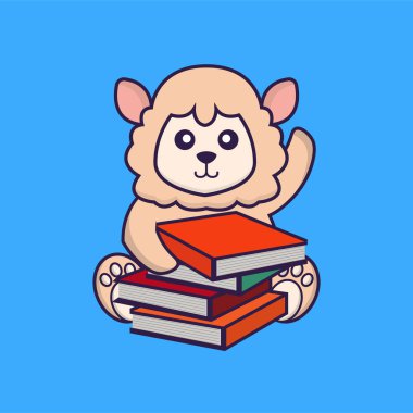 Kitap okuyan sevimli koyunlar. Hayvan çizgi film kavramı izole edildi. Tişört, tebrik kartı, davetiye kartı ya da maskot olarak kullanılabilir..