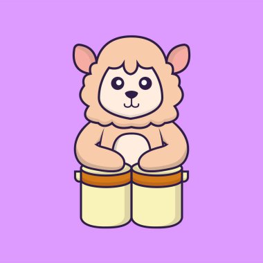 Şirin koyun davul çalıyor. Hayvan çizgi film kavramı izole edildi. Tişört, tebrik kartı, davetiye kartı ya da maskot olarak kullanılabilir..