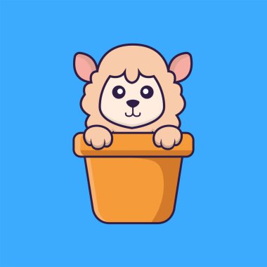 Çiçek vazosundaki şirin koyunlar. Hayvan çizgi film kavramı izole edildi. Tişört, tebrik kartı, davetiye kartı ya da maskot olarak kullanılabilir. Düz Çizgi Film Biçimi