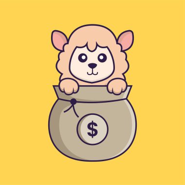 Para çantasında oynayan sevimli koyunlar. Hayvan çizgi film kavramı izole edildi. Tişört, tebrik kartı, davetiye kartı ya da maskot olarak kullanılabilir..