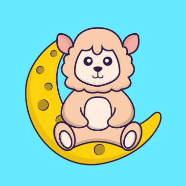 Ay 'da şirin koyunlar oturuyor. Hayvan çizgi film kavramı izole edildi. Tişört, tebrik kartı, davetiye kartı ya da maskot olarak kullanılabilir..