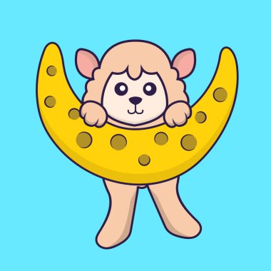 Ay 'da şirin koyunlar var. Hayvan çizgi film kavramı izole edildi. Tişört, tebrik kartı, davetiye kartı ya da maskot olarak kullanılabilir..