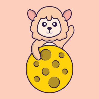 Ay 'da şirin koyunlar var. Hayvan çizgi film kavramı izole edildi. Tişört, tebrik kartı, davetiye kartı ya da maskot olarak kullanılabilir..