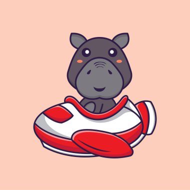 Uçakta uçan sevimli su aygırları. Hayvan çizgi film kavramı izole edildi. Tişört, tebrik kartı, davetiye kartı ya da maskot olarak kullanılabilir..