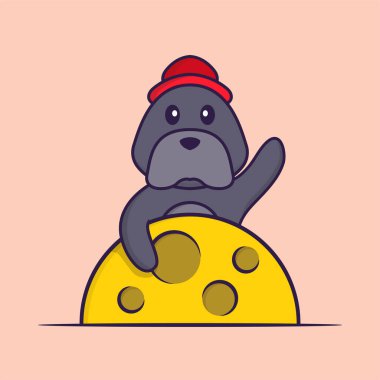 Ay 'da sevimli bir köpek var. Hayvan çizgi film kavramı izole edildi. Tişört, tebrik kartı, davetiye kartı ya da maskot olarak kullanılabilir..