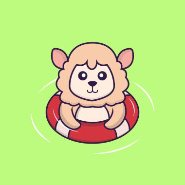 Şirin koyunlar şamandırayla yüzüyor. Hayvan çizgi film kavramı izole edildi. Tişört, tebrik kartı, davetiye kartı ya da maskot olarak kullanılabilir..