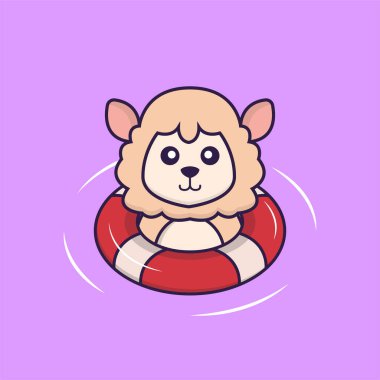 Şirin koyunlar şamandırayla yüzüyor. Hayvan çizgi film kavramı izole edildi. Tişört, tebrik kartı, davetiye kartı ya da maskot olarak kullanılabilir..