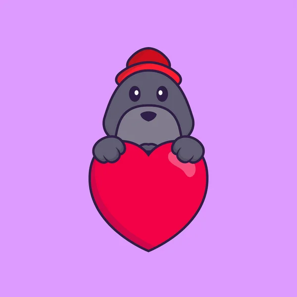 Χαριτωμένο Σκυλί Που Κρατάει Μια Μεγάλη Κόκκινη Καρδιά Έννοια Κινουμένων — Διανυσματικό Αρχείο