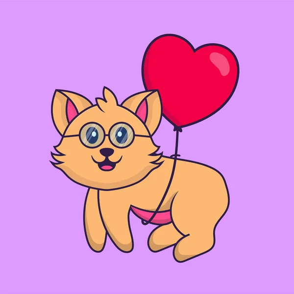 愛の形をした風船で飛ぶかわいい猫 動物の漫画の概念は孤立した Tシャツ グリーティングカード 招待カード マスコットに使用できます — ストックベクタ