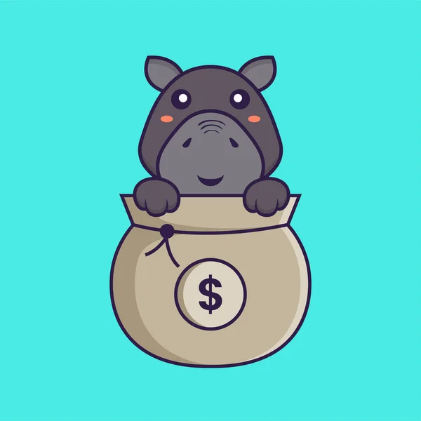 Joli Hippopotame Jouant Dans Sac Argent Concept Dessin Animé Animal — Image vectorielle