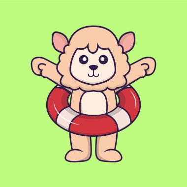 Şamandıra kullanan şirin bir koyun. Hayvan çizgi film kavramı izole edildi. Tişört, tebrik kartı, davetiye kartı ya da maskot olarak kullanılabilir..