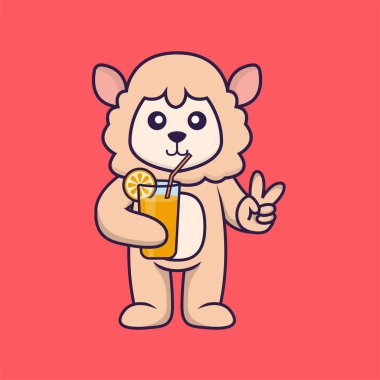 Cam içinde portakal suyu tutan şirin koyunlar. Hayvan çizgi film kavramı izole edildi. Tişört, tebrik kartı, davetiye kartı ya da maskot olarak kullanılabilir..