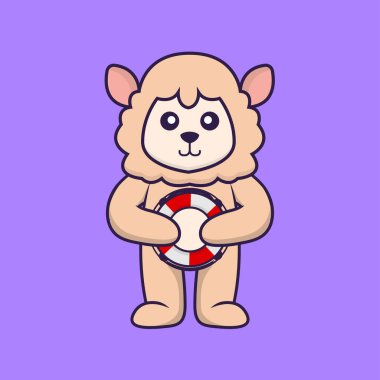 Şamandıra tutan sevimli koyunlar. Hayvan çizgi film kavramı izole edildi. Tişört, tebrik kartı, davetiye kartı ya da maskot olarak kullanılabilir..