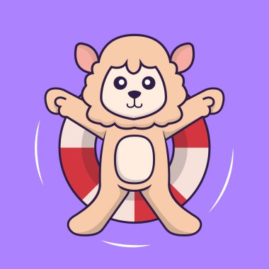 Şirin koyunlar şamandırayla yüzüyor. Hayvan çizgi film kavramı izole edildi. Tişört, tebrik kartı, davetiye kartı ya da maskot olarak kullanılabilir..