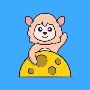 Ay 'da şirin koyunlar var. Hayvan çizgi film kavramı izole edildi. Tişört, tebrik kartı, davetiye kartı ya da maskot olarak kullanılabilir..