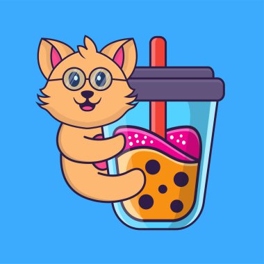 Şirin kedi Boba sütlü çay içiyor. Hayvan çizgi film kavramı izole edildi. Tişört, tebrik kartı, davetiye kartı ya da maskot olarak kullanılabilir..