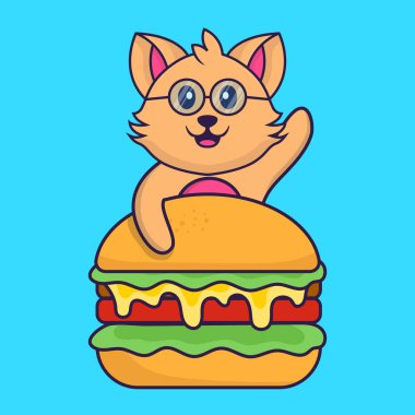 Tatlı kedi burger yiyor. Hayvan çizgi film kavramı izole edildi. Tişört, tebrik kartı, davetiye kartı ya da maskot olarak kullanılabilir..