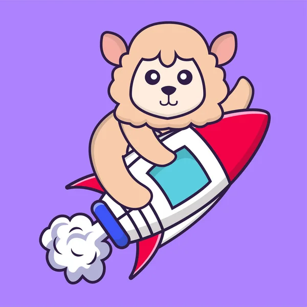 Roketin üstünde uçan sevimli koyunlar. Hayvan çizgi film kavramı izole edildi. Tişört, tebrik kartı, davetiye kartı ya da maskot olarak kullanılabilir..