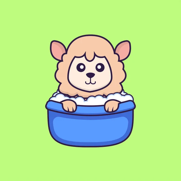 Cute Sheep Taking Bath Bathtub Animal Cartoon Concept Isolated Can — Stock Vector