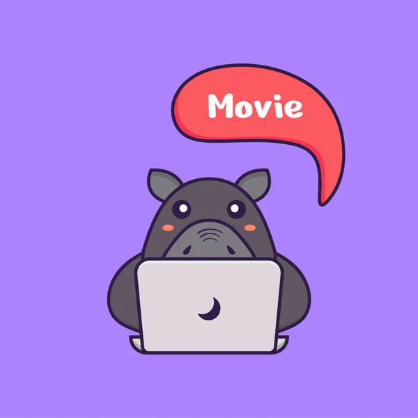 Cute Hippopotamus Watching Movie Animal Cartoon Concept Isolated Can Used — Stock Vector