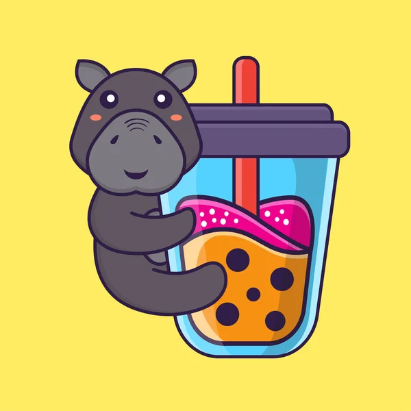 Cute Hippopotamus Drinking Boba Milk Tea Animal Cartoon Concept Isolated — Stock Vector