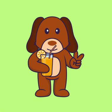 Cam içinde portakal suyu tutan sevimli bir köpek..