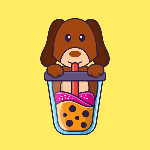 Lindo Perro Beber Leche Boba — Vector de stock