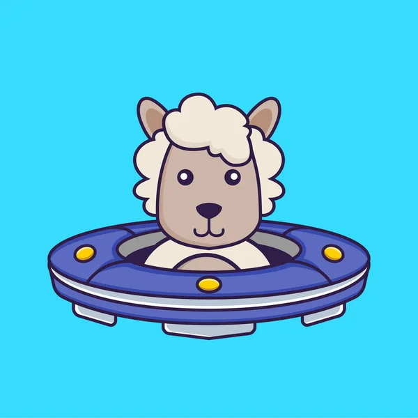 Cute Owiec Driving Spaceship Ufo — Wektor stockowy