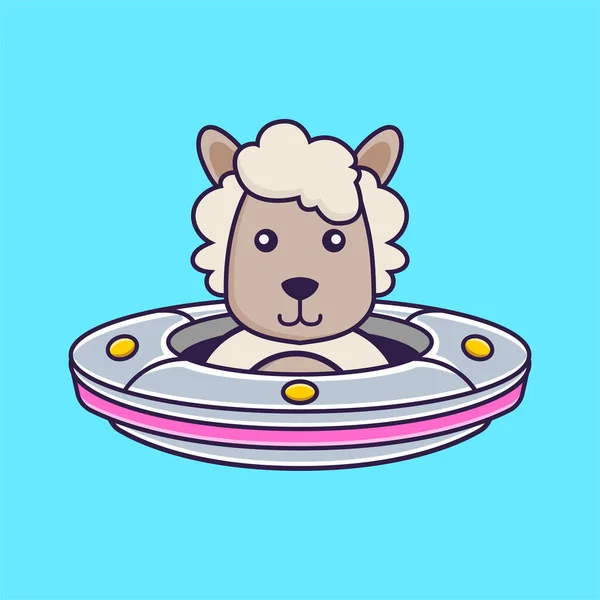 Cute Sheep Driving Spaceship Ufo — Stock Vector