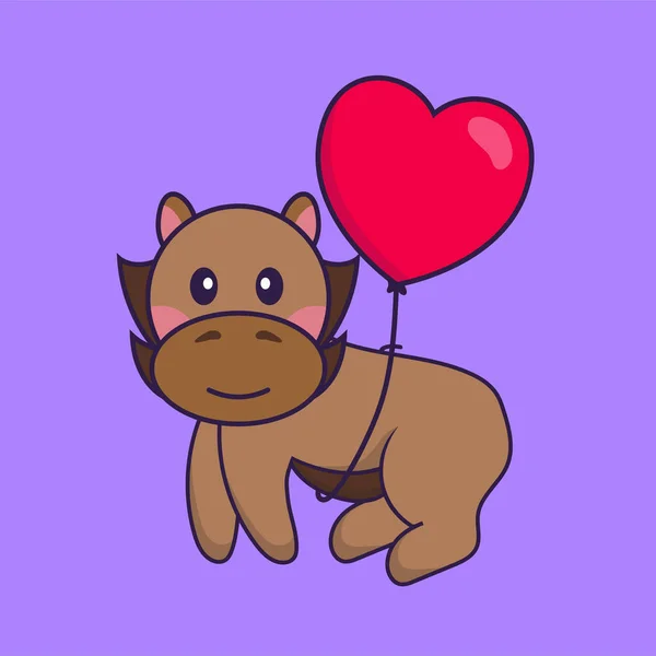 Lindo Caballo Volando Con Globos Forma Amor — Vector de stock