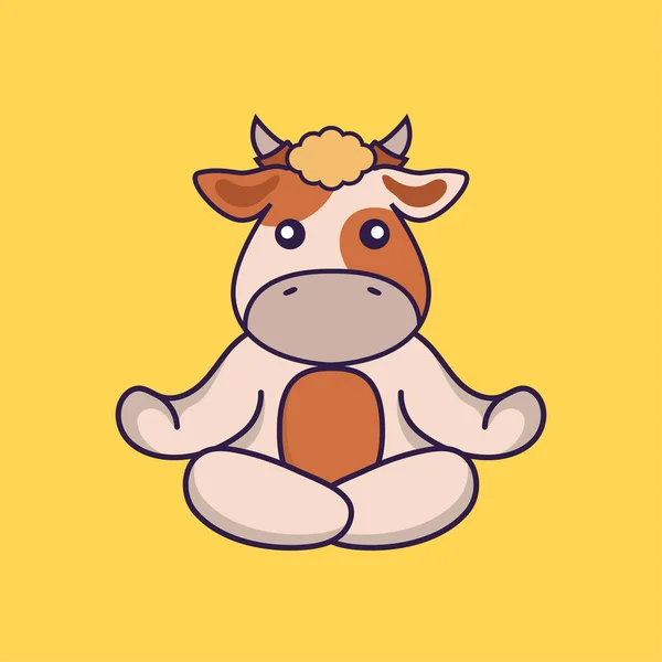 Carino Mucca Sta Meditando Facendo Yoga — Vettoriale Stock