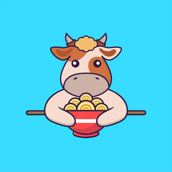 Mignon Vache Manger Des Nouilles Ramen — Image vectorielle