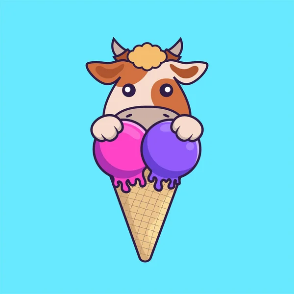 Mignonne Vache Avec Crème Glacée Douce — Image vectorielle