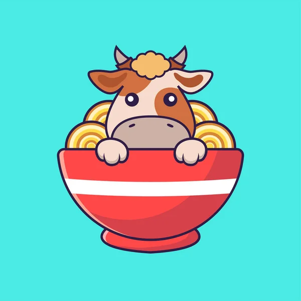 Mignon Vache Manger Des Nouilles Ramen — Image vectorielle