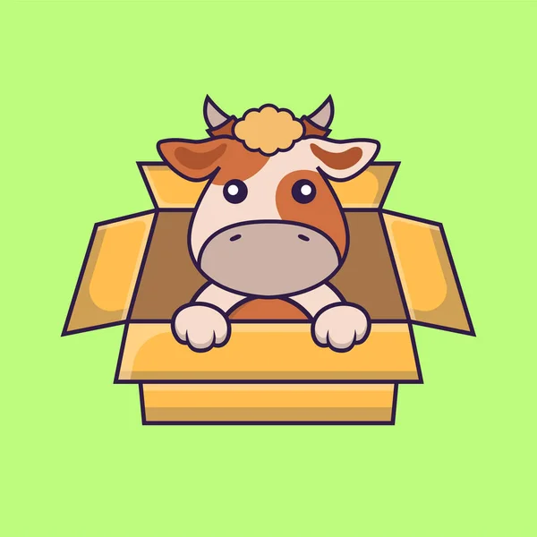 Χαριτωμένη Αγελάδα Παίζει Κουτί — Διανυσματικό Αρχείο