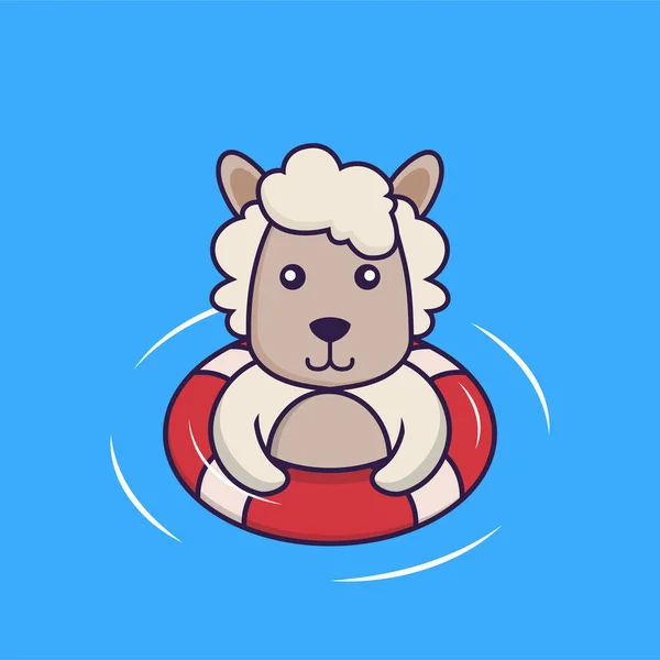 Mignon Mouton Est Natation Avec Une Bouée — Image vectorielle