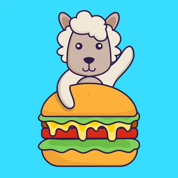 Cute Sheep Eating Burger — Stock Vector